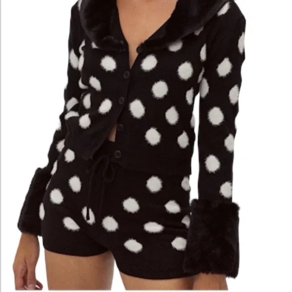 Nasty Gal Spot Fluffy Fur Collar Cardigan Lounge Set - Picture 1 of 7